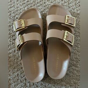 Madden Girl Bodie Tan Sandals with Gold Buckles